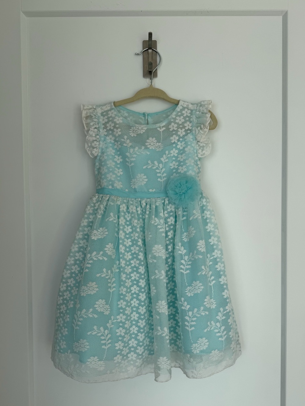 Jona Michelle Girls Floral Lace Flutter Sleeve Layered Dress Blue and White 2T